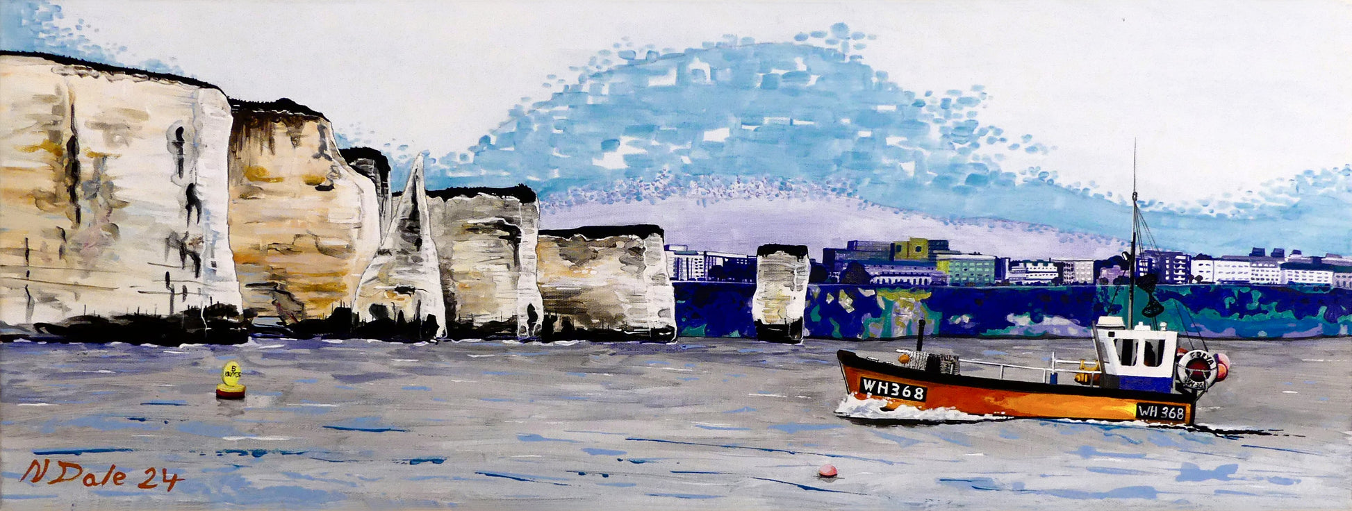 Image of the original painting 'Old Harry Rocks' by Nick Dale. The painting depicts the chalk formations located at Handfast Point, south of Studland Bay; as viewed from Peveril Point, Swanage. Also depicted is a small fishing boat returning to Swanage and the Bournemouth skyline beyond the cliffs.