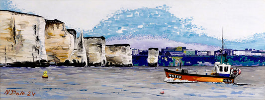 Image of the original painting 'Old Harry Rocks' by Nick Dale. The painting depicts the chalk formations located at Handfast Point, south of Studland Bay; as viewed from Peveril Point, Swanage. Also depicted is a small fishing boat returning to Swanage and the Bournemouth skyline beyond the cliffs.