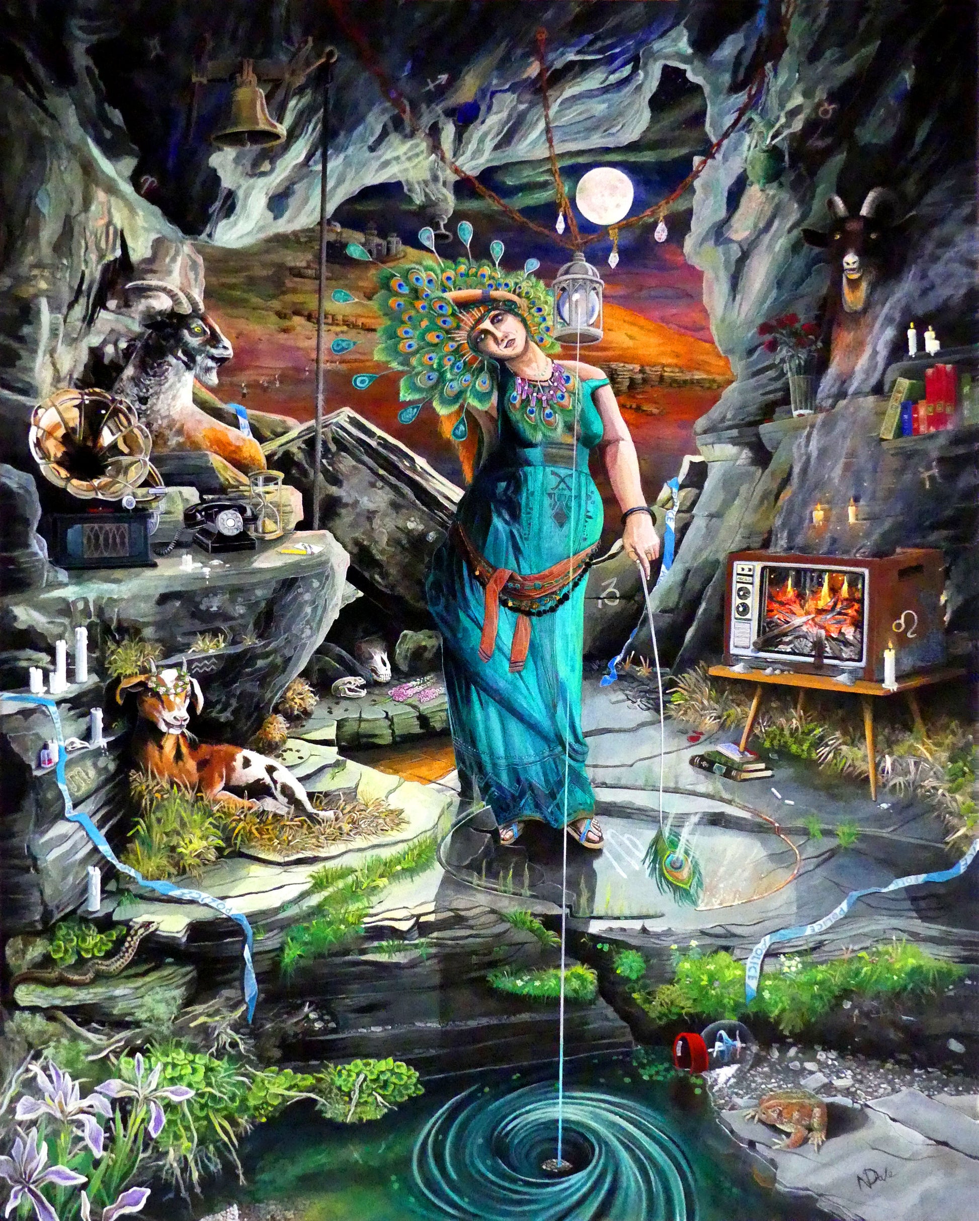 Image of the original painting 'The Apocalyptress' by Nick Dale. The painting depicts a woman performing a magic ceremony in a post-apocalyptic landscape. What her role was in the aforementioned apocalypse is left for the viewer to decide. Is she the instigator, a victim, a witness...? 