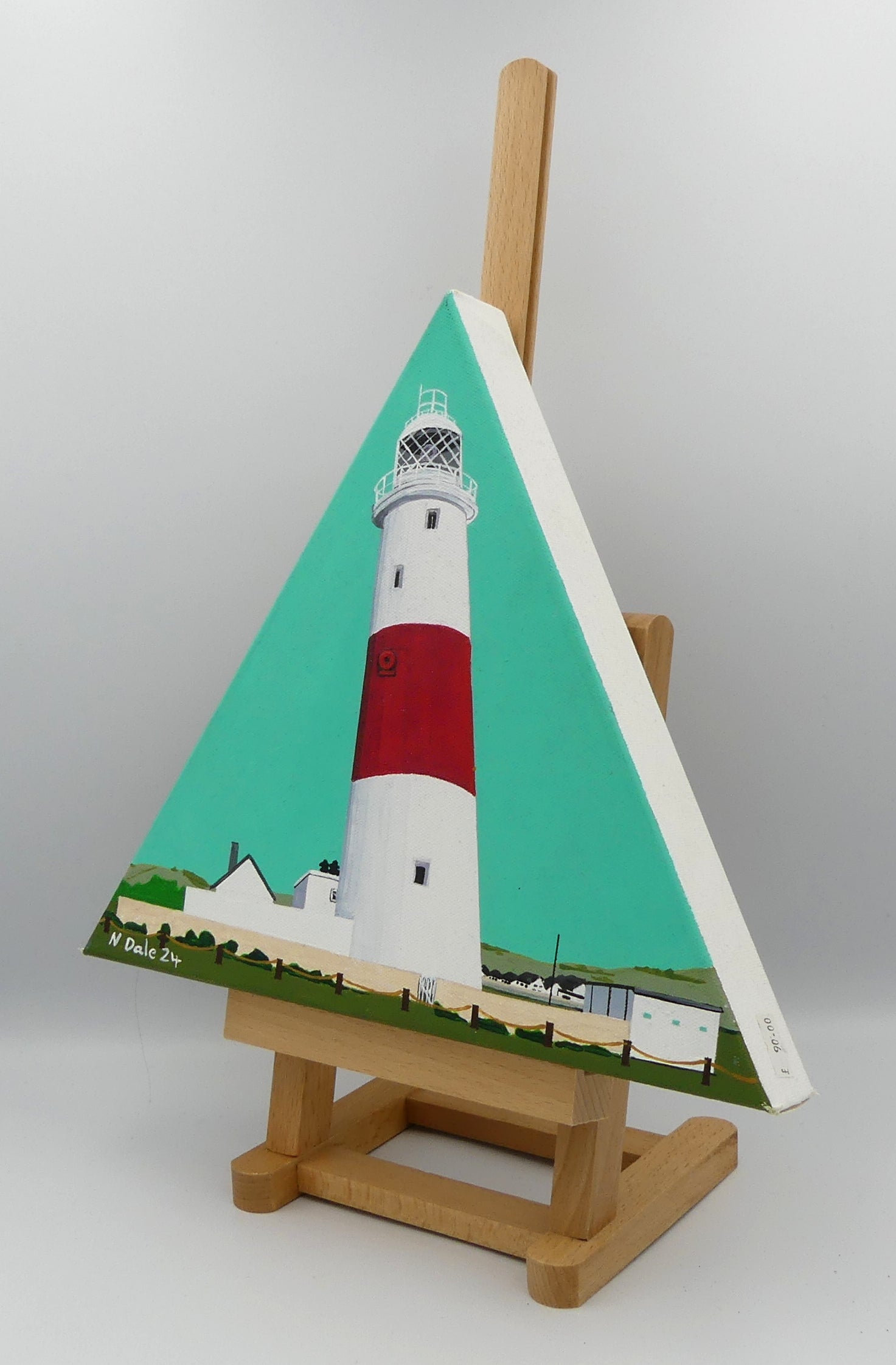 Image of the original painting 'Portland Bill Lighthouse Looking North' by Nick Dale. The painting depicts a view of Portland Bill Lighthouse as seen from the sea, looking north. The painting is in an unusual equilateral triangle format.