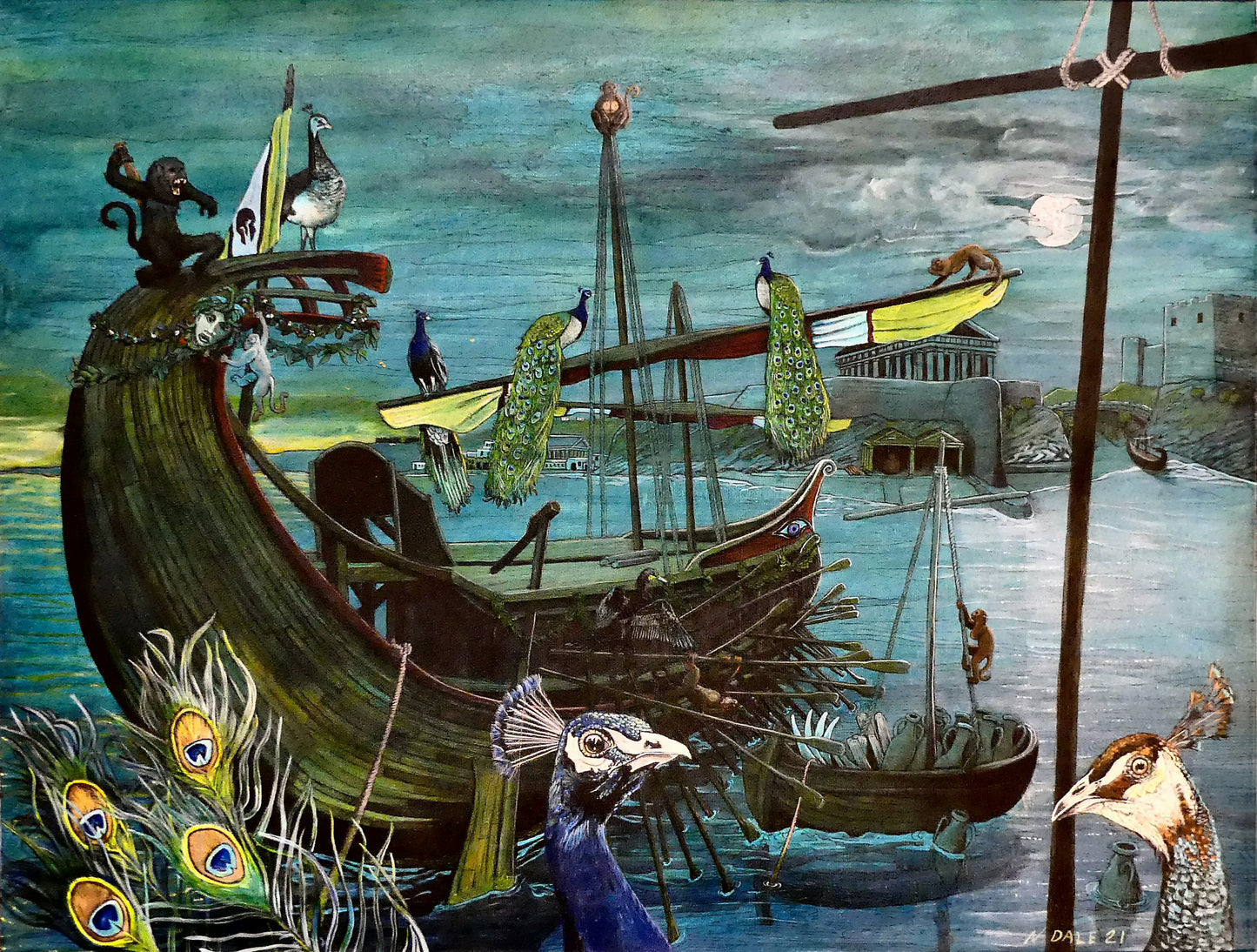 Image of the original painting 'Quinquireme Of Nineveh From Distant Ophir' by Nick Dale. The painting depicts verse 1 of the poem 'Cargoes' by John Masefield. The verse depicts a Hellenistic-era rowing ship with 5 banks of oars being overrun by the apes and peafowl which make up part of its cargo. The remaining cargo (made up of ivory, sandalwood, cedarwood, and sweet white wine) await loading on to the vessel; if only they can survive the attention of the mischievous apes.   