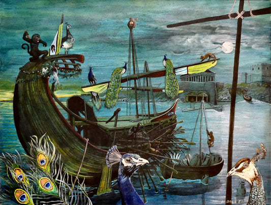 Image of the original painting 'Quinquireme Of Nineveh From Distant Ophir' by Nick Dale. The painting depicts verse 1 of the poem 'Cargoes' by John Masefield. The verse depicts a Hellenistic-era rowing ship with 5 banks of oars being overrun by the apes and peafowl which make up part of its cargo. The remaining cargo (made up of ivory, sandalwood, cedarwood, and sweet white wine) await loading on to the vessel; if only they can survive the attention of the mischievous apes.   