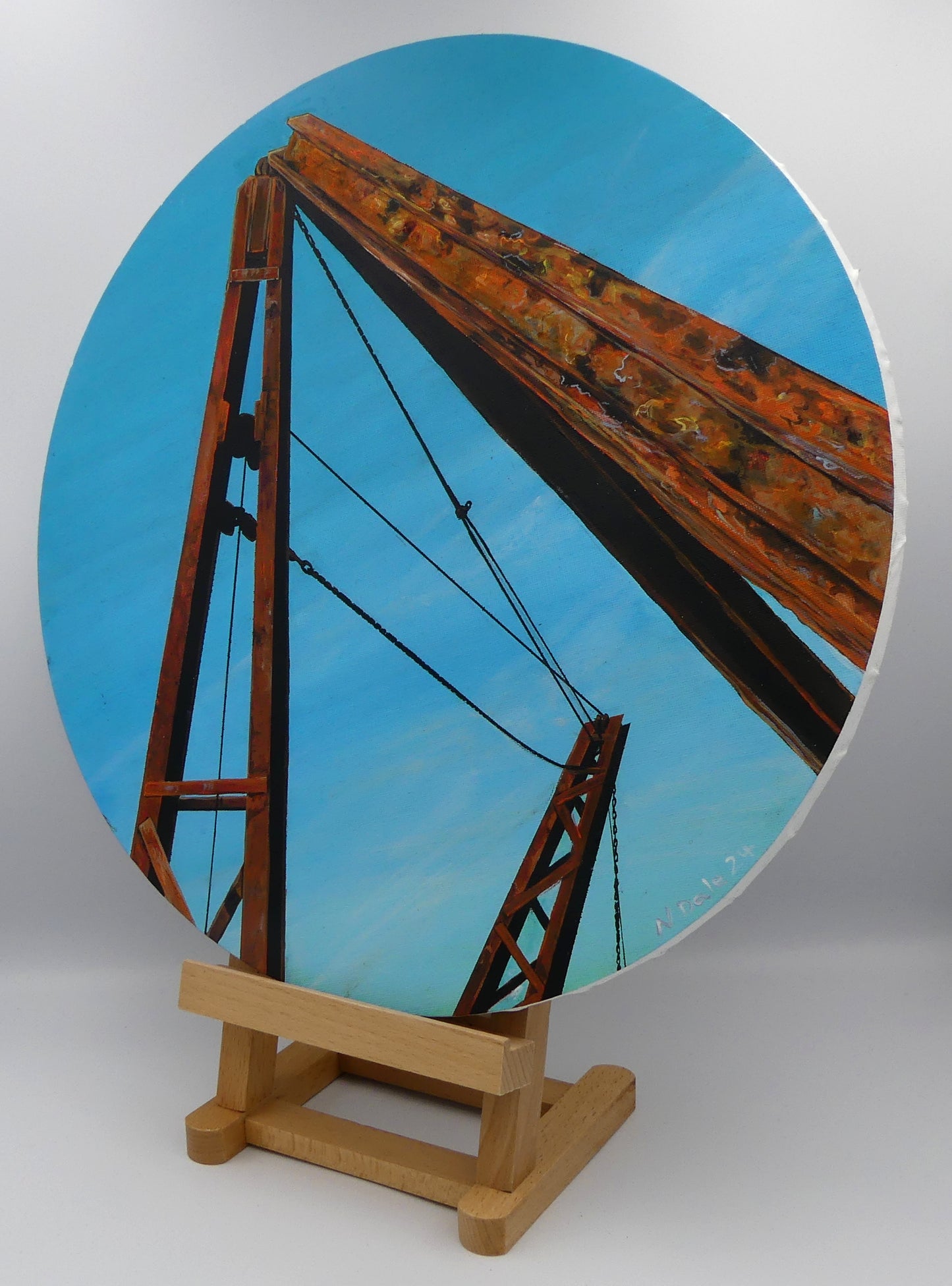 Image of the original painting 'Red Crane, Portland Bill' by Nick Dale. The painting depicts a close up detail of the Red Crane at Portland Bill in Dorset. The crane was erected to transfer quarried stones to boats at the loading quay.