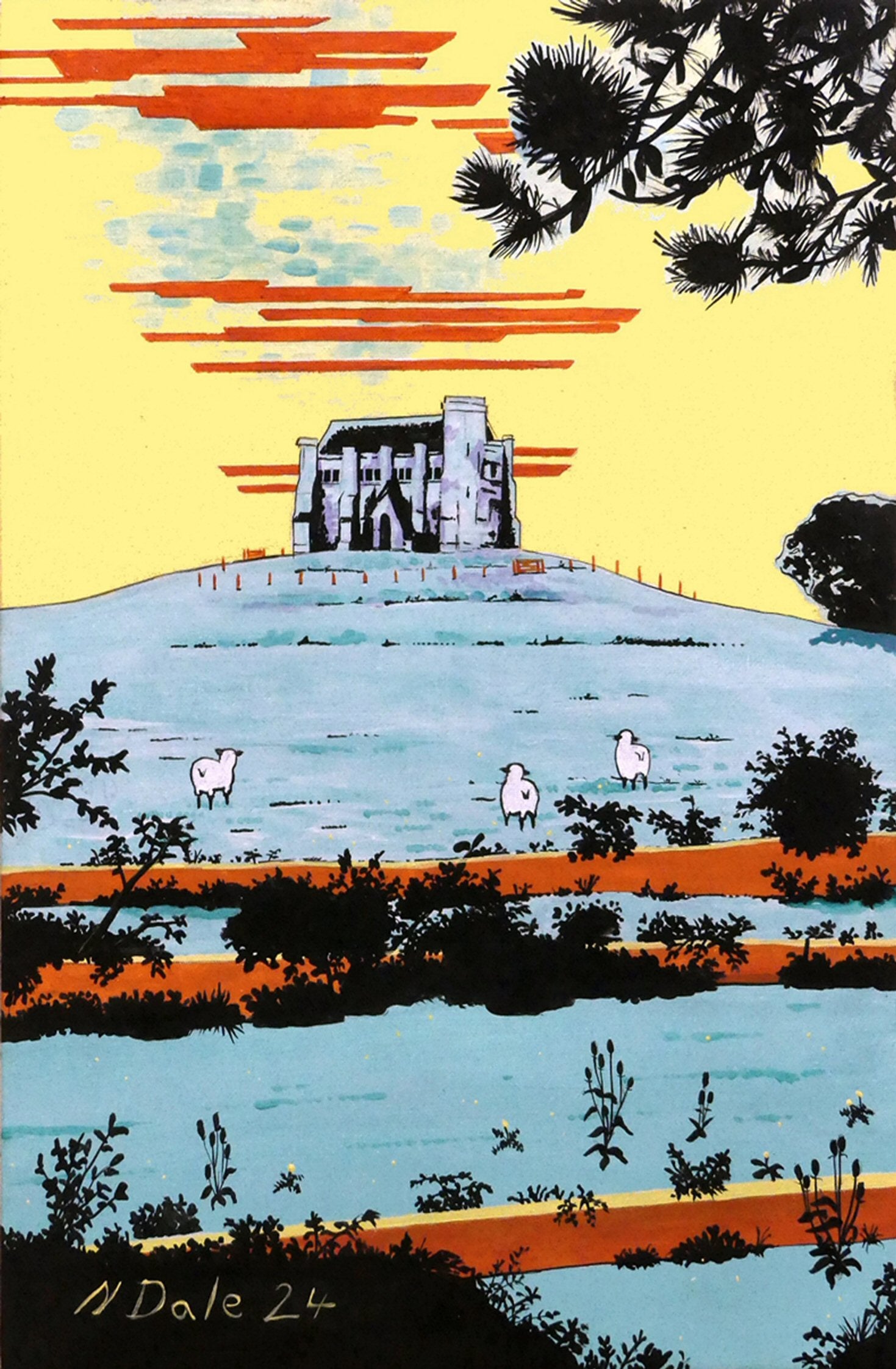 Image of Small Art Print featuring a copy of the painting 'St Catherine's Chapel, Abbotsbury' by Nick Dale. The print depicts the Medieval St Catherine's Chapel which is positioned overlooking the village of Abbotsbury.