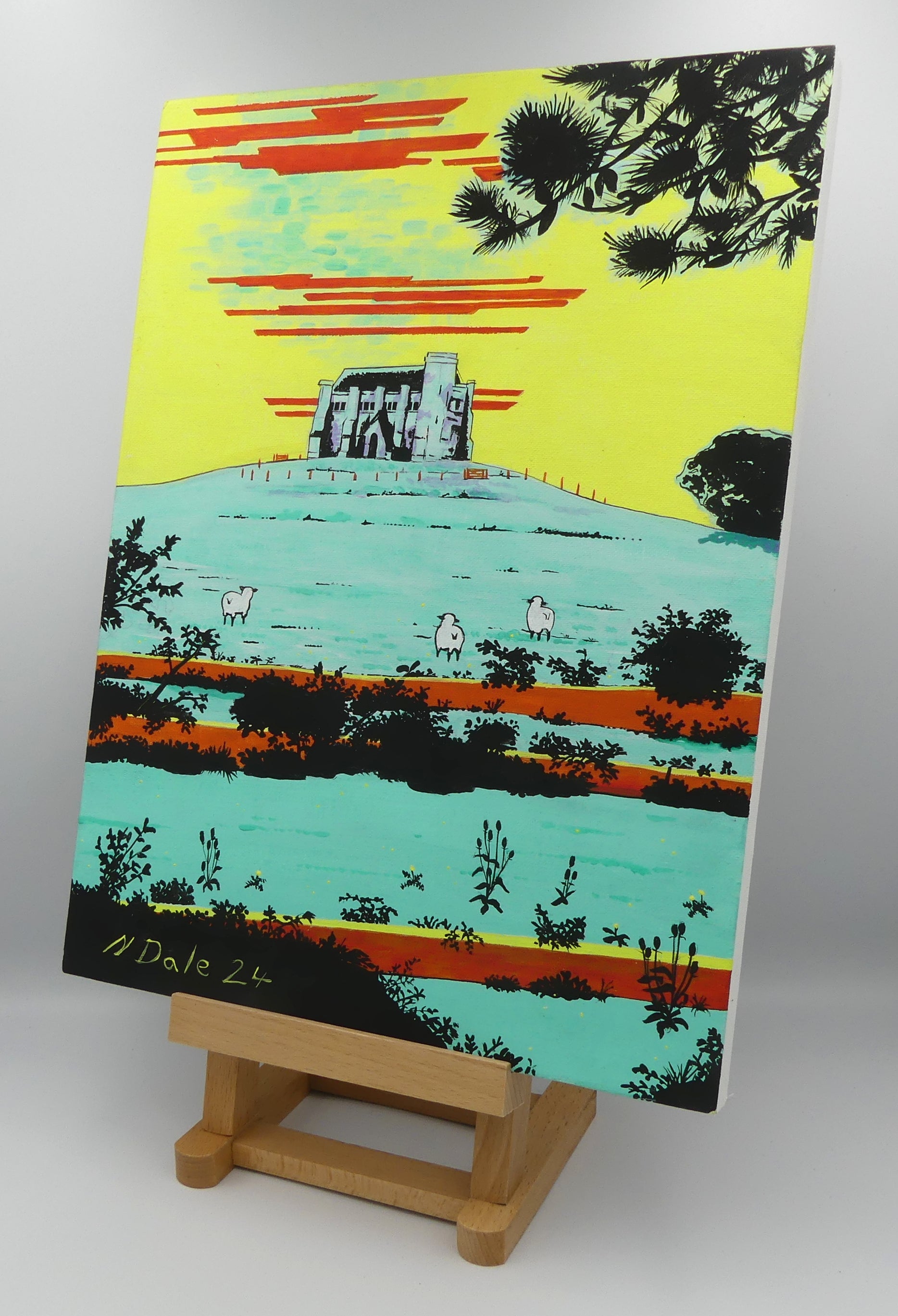 Image of the original painting 'St Catherine's Chapel, Abbotsbury' by Nick Dale. The painting depicts the Medieval St Catherine's Chapel which is positioned overlooking the village of Abbotsbury.