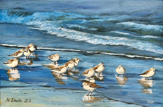 Image of a Small Art Print featuring a copy of the painting 'Studland Misty Morning' by Nick Dale. The print depicts Dunlins on Studland Beach (Dorset) on a crisp and misty morning.