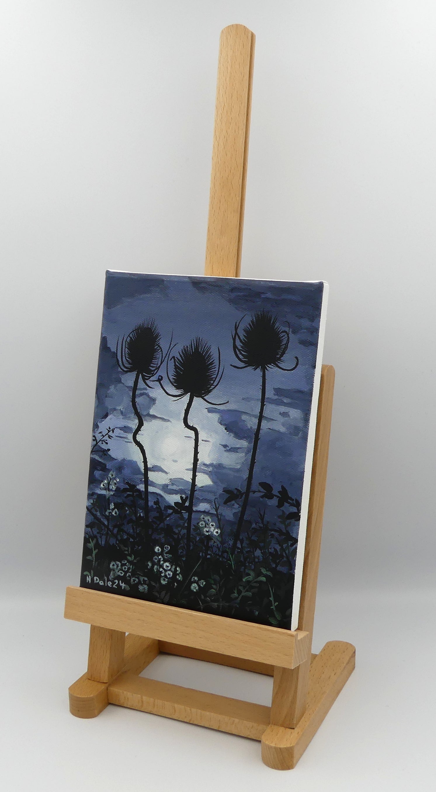 Image of the original painting 'Teasels' by Nick Dale. The painting depicts a small close up view of three teasels growing on a Dorset coastal path.