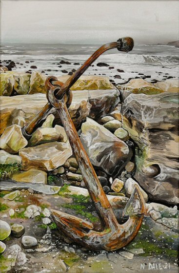 Image of a Small Art Print featuring a copy of the painting 'The Sea Anchors The Land To The Sky' by Nick Dale. The print depicts an old anchor lying at rest under a leaden sky upon the foreshore at Chapman's Pool, near Worth Matravers, Dorset.