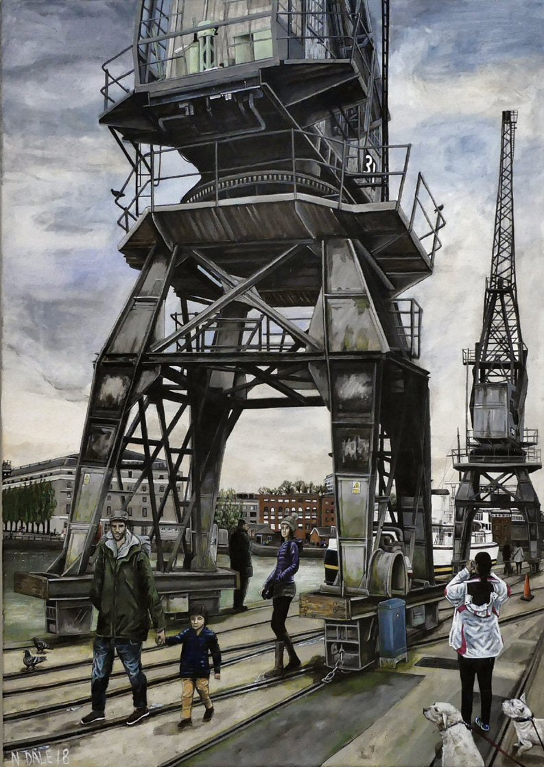 Image of a Medium Art Print featuring a copy of the painting 'The Sentinels' by Nick Dale. The print depicts the iconic tower cranes of Bristol Docks and the classic ship MV Balmoral beyond them.