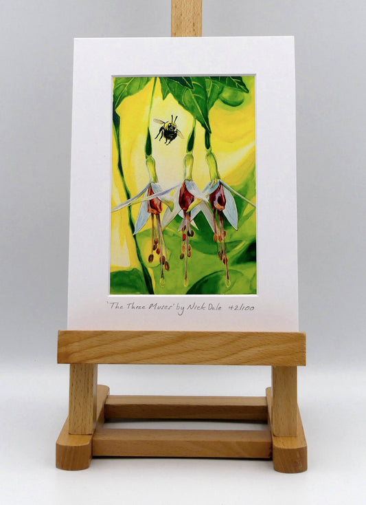 Image of a Small Art Print featuring a copy of the painting 'The Three Muses' by Nick Dale. The print depicts a close-up view of a bee approaching its prize. But which will it choose? The print is situated on a small easel.