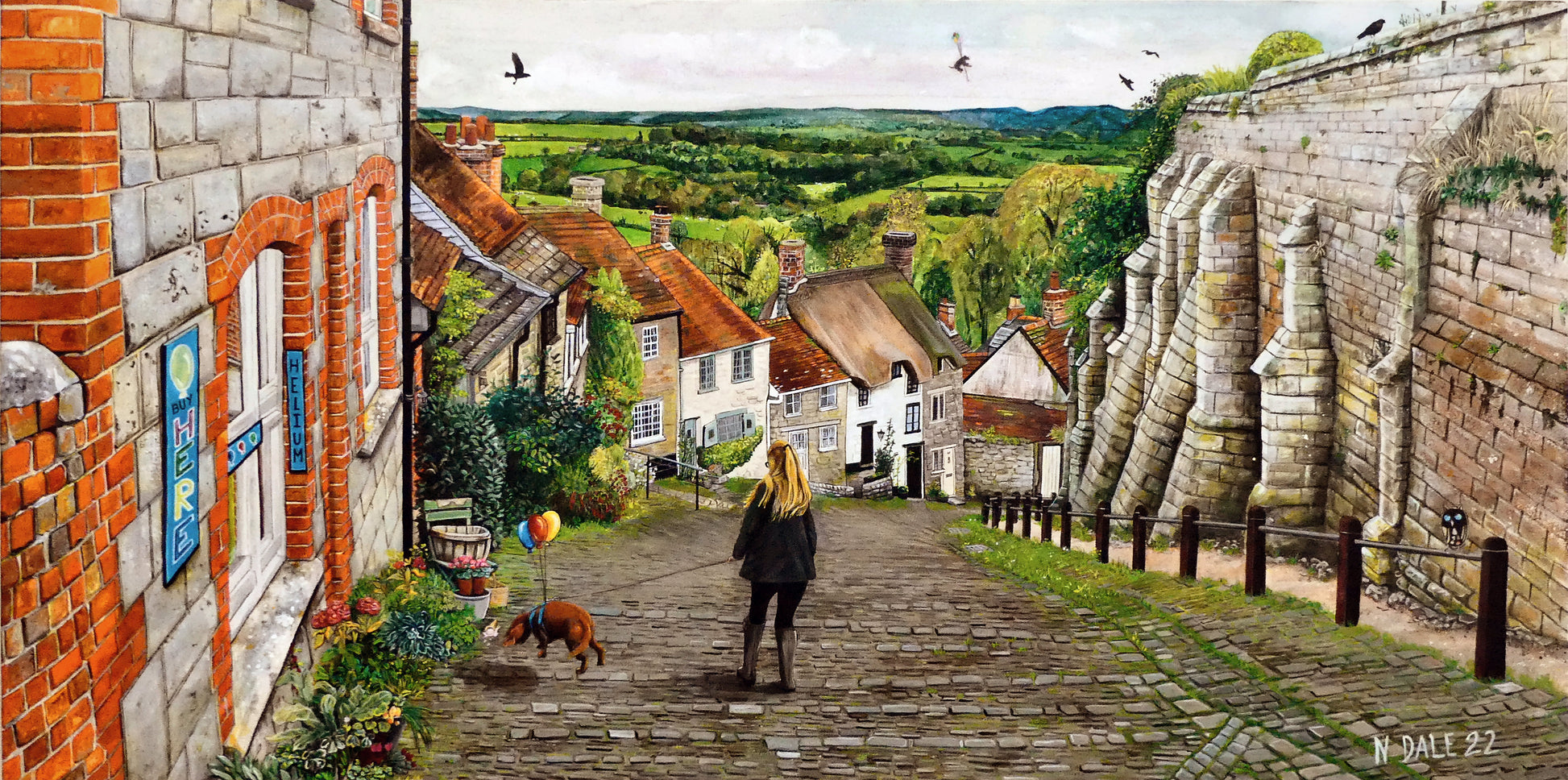 Image of Small Art Print featuring a copy of the painting 'Ye Olde Technology Shop' by Nick Dale. The print depicts the view down Gold Hill in Shaftesbury, Dorset but in a slightly surreal form as the scene depicts a shop selling helium used to enable dogs to float. The dog is trying to get to a dropped ice-cream cone but is unable to reach as it floats above it.
