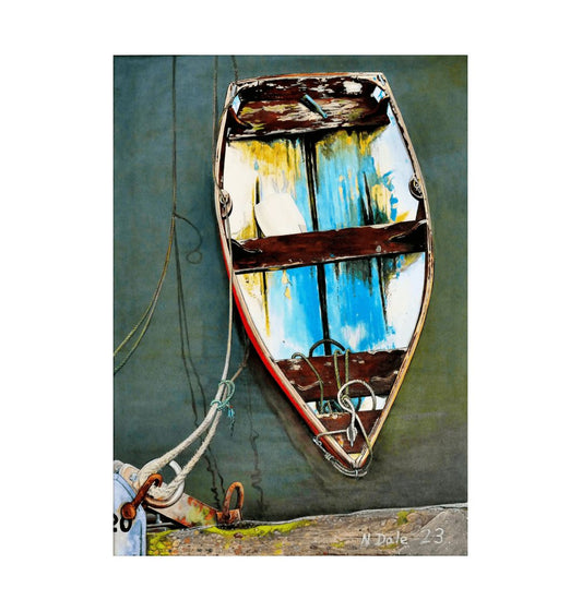 Image of a Large Art Print (A3 size) featuring a copy of the painting 'Good Intentions at Lyme Regis' by Nick Dale. The print depicts a small wooden rowing boat tied up in Lyme Regis harbour, Dorset.