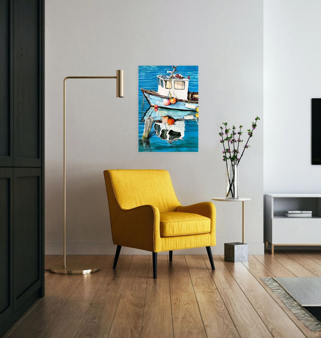 Image of a Large Art Print (A3 size) featuring a copy of the painting 'God's Own 99 Flake Pierces The Veil' by Nick Dale. As displayed on a wall next to a chair. The print depicts a fishing boat at rest within the harbour of Lyme Regis, Dorset. The title is based on the similarity of the wooden pile to a chocolate flake as inserted into an ice cream cone. This seemed appropriate given the draw of the town to tourists.