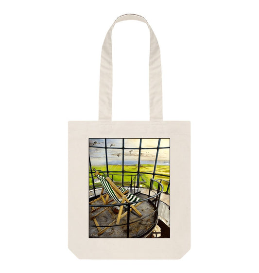 Image of a Natural Tote Bag featuring a copy of the painting 'Let's Be Together Alone' by Nick Dale. The bag depicts the view from the lantern room of the Old Light lighthouse on Beacon Hill, on the island of Lundy, Devon.