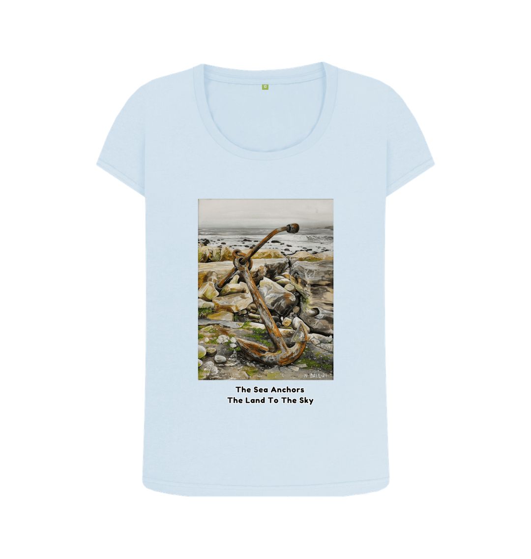Image of a Sky Blue Women's Scoop Neck T-shirt featuring a copy of the painting 'The Sea Anchors The Land To The Sky' by Nick Dale, with the words 'The Sea Anchors The Land To The Sky' written beneath it. The T-shirt depicts an old anchor lying at rest under a leaden sky upon the foreshore at Chapman's Pool, near Worth Matravers, Dorset.