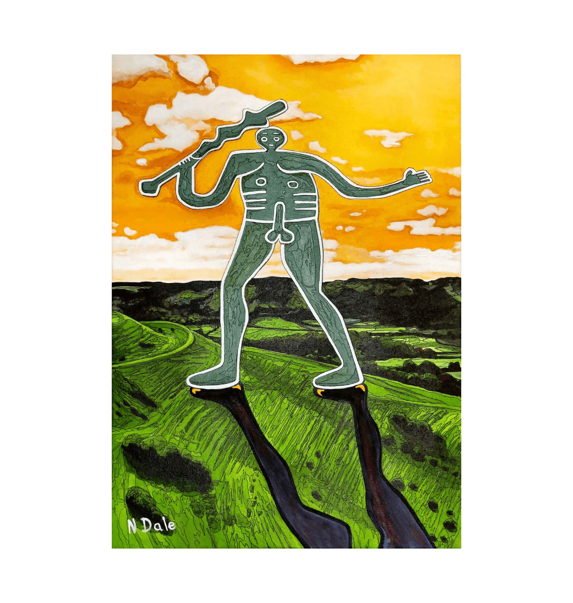 Image of a Large Art Print featuring a copy of the painting 'Cerne Abbas Giant Pootling Along' by Nick Dale. The print imagines the Cerne Abbas Giant chalk hill figure wandering across the Dorset landscape. The giant can be seen scaling Hod Hill in the Blackmore Vale.