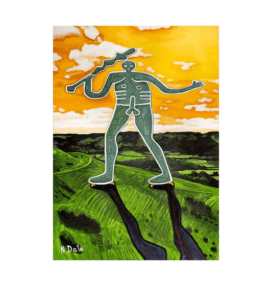 Image of a Large Art Print featuring a copy of the painting 'Cerne Abbas Giant Pootling Along' by Nick Dale. The print imagines the Cerne Abbas Giant chalk hill figure wandering across the Dorset landscape. The giant can be seen scaling Hod Hill in the Blackmore Vale.