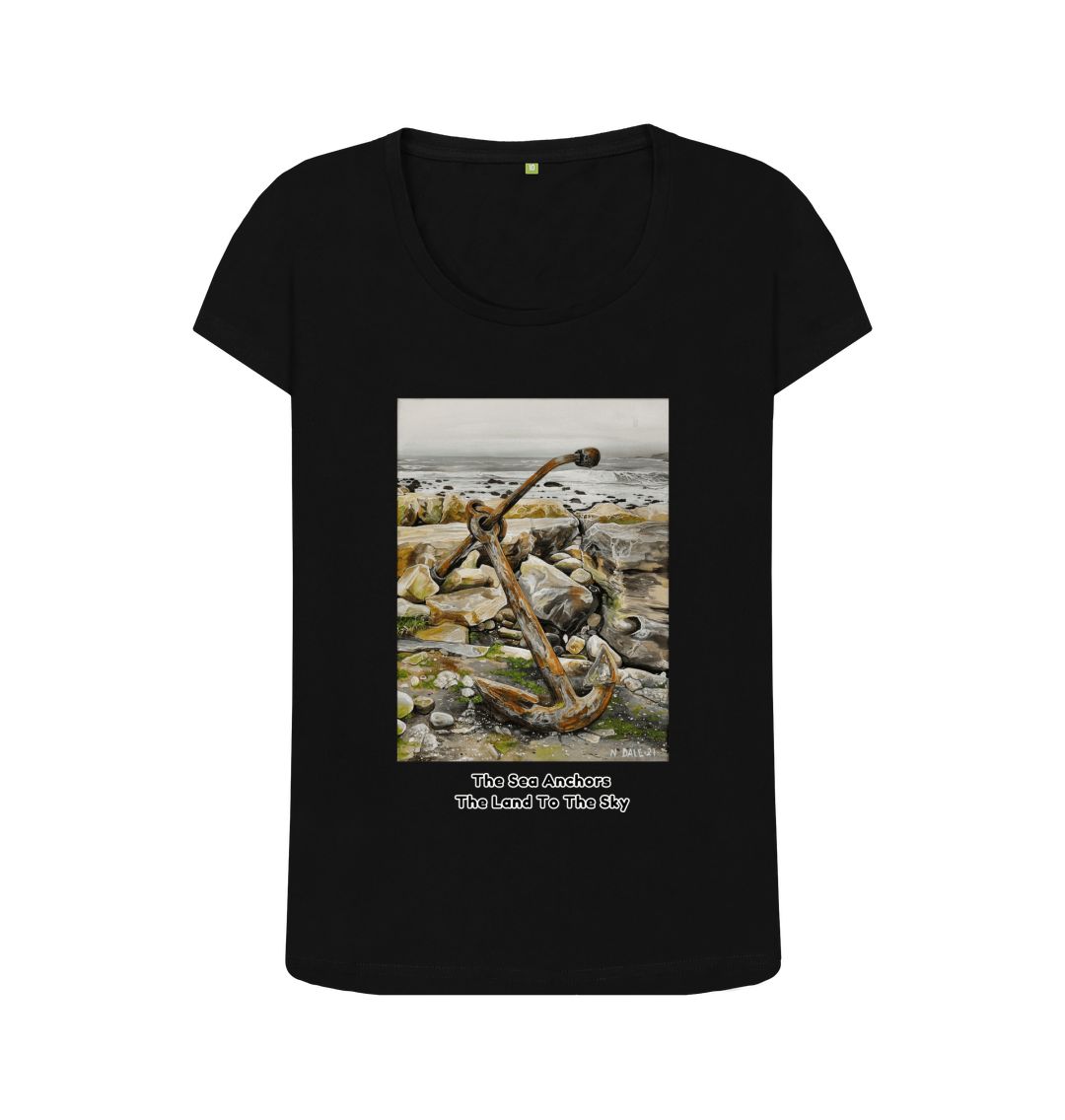 Image of a Black Women's Scoop Neck T-shirt featuring a copy of the painting 'The Sea Anchors The Land To The Sky' by Nick Dale, with the words 'The Sea Anchors The Land To The Sky' written beneath it. The T-shirt depicts an old anchor lying at rest under a leaden sky upon the foreshore at Chapman's Pool, near Worth Matravers, Dorset.