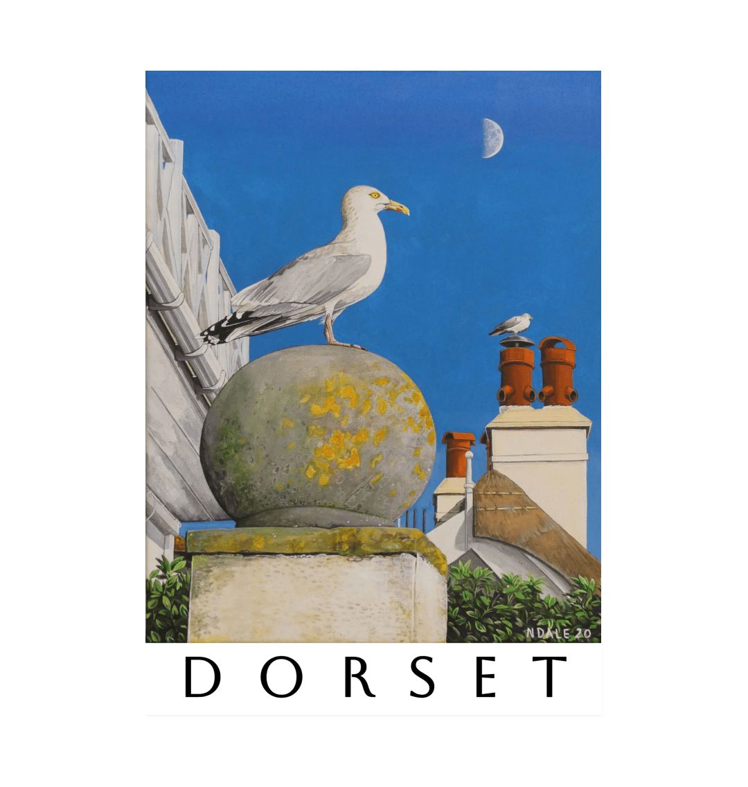 Image of a Large Art Print (A3 size) featuring a copy of the painting 'A View Of The Sea At Lyme Regis' by Nick Dale. The print depicts a gull and buildings along Marine Parade, Lyme Regis.
