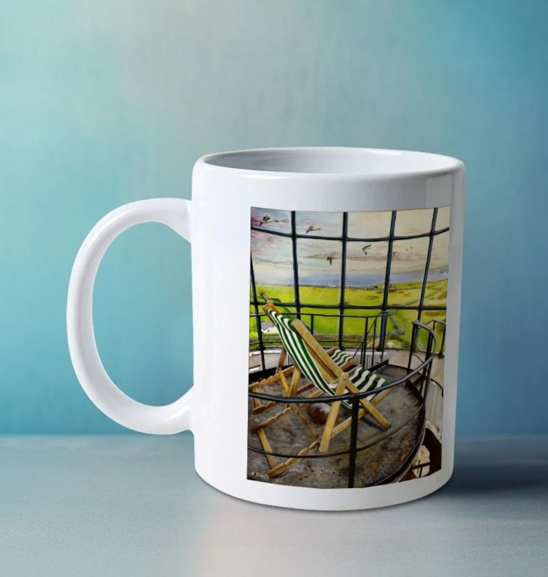 Image of a White Mug on a white table featuring a copy of the painting 'Let's Be Together Alone' by Nick Dale. The handle is orientated to the left. The mug depicts the view from the lantern room of the Old Light lighthouse on Beacon Hill, on the island of Lundy, Devon.