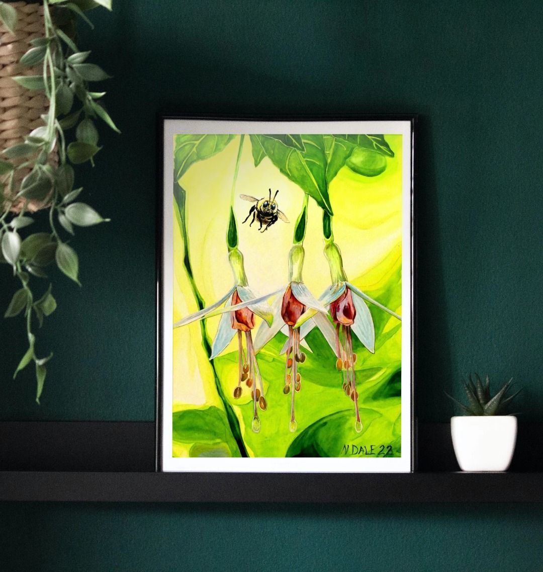 Image of a Large Art Print (A3 size) featuring a copy of the painting 'The Three Muses' by Nick Dale. As displayed in a frame on a shelf. The print depicts a close-up view of a bee approaching its prize. But which will it choose?