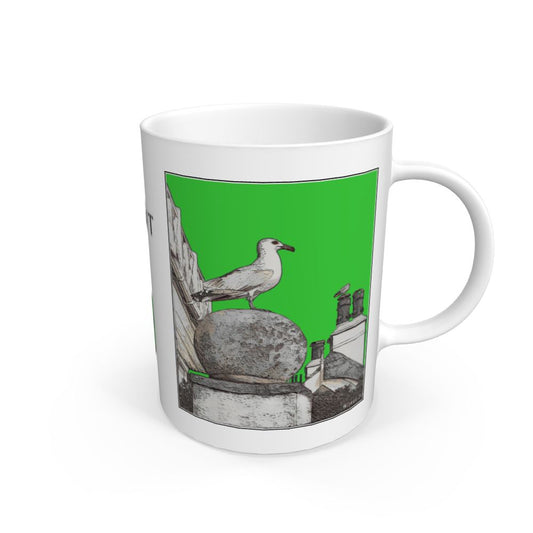 Image of a White Mug featuring a modified copy of the painting 'A View Of The Sea At Lyme Regis' by Nick Dale - this being the 'Green' version. The mug depicts a gull and buildings along Marine Parade, Lyme Regis.