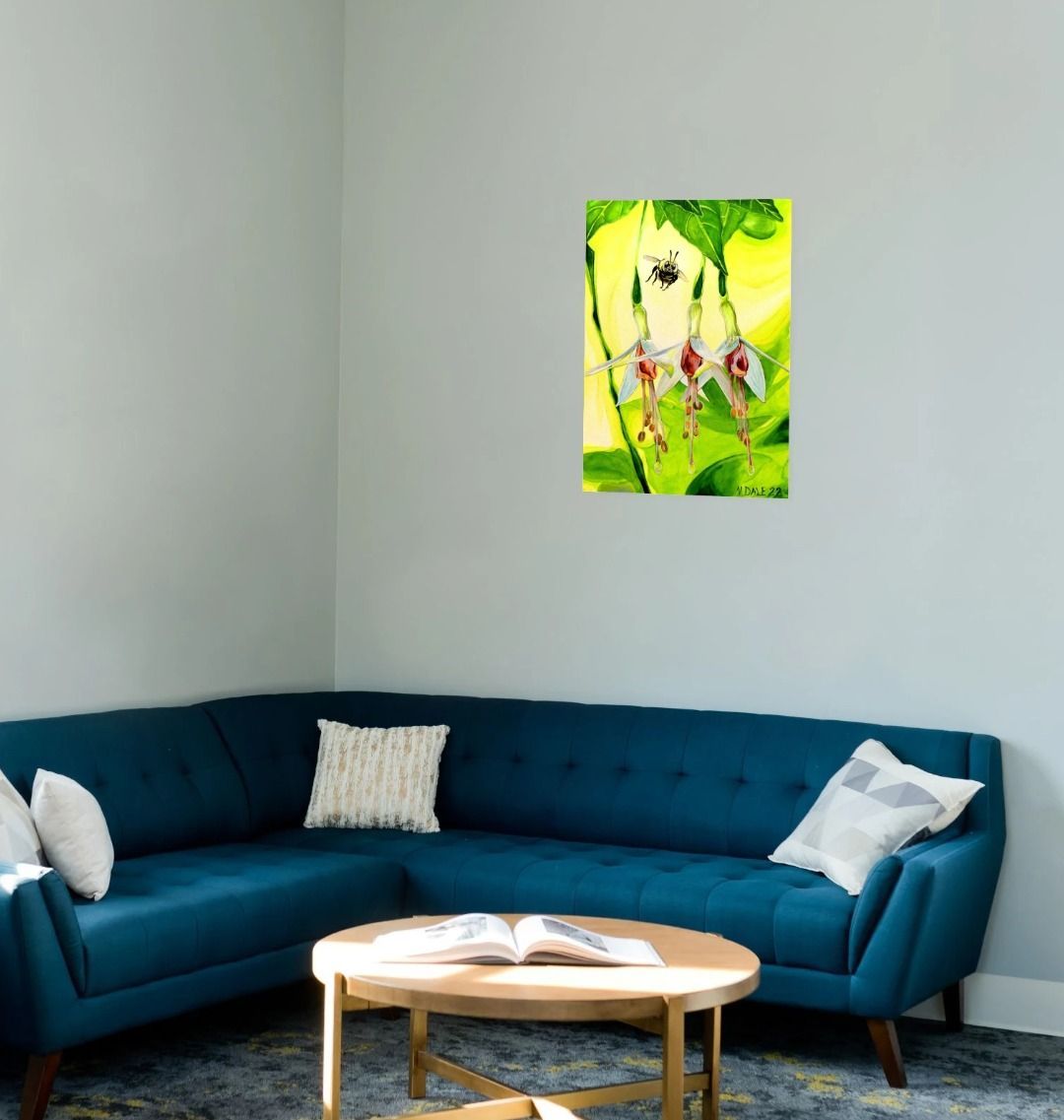 Image of a Large Art Print (A3 size) featuring a copy of the painting 'The Three Muses' by Nick Dale. As displayed on a wall above a sofa. The print depicts a close-up view of a bee approaching its prize. But which will it choose?