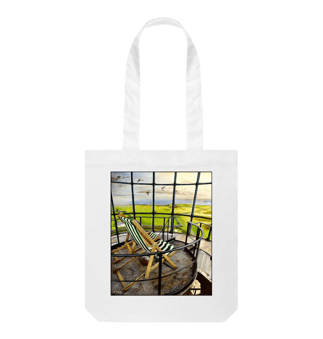 Image of a White Tote Bag featuring a copy of the painting 'Let's Be Together Alone' by Nick Dale. The bag depicts the view from the lantern room of the Old Light lighthouse on Beacon Hill, on the island of Lundy, Devon.