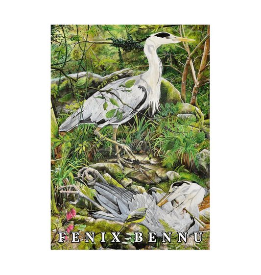 Image of a Large Art Print (A3 size) featuring a copy of the painting 'Fenix Bennu' by Nick Dale with the words 'FENIX BENNU' written across the bottom.  The print depicts 2 grey herons (1 living & 1 dead) & is named after the Egyptian god Bennu; which may be the origins of the phoenix legend. 'Fenix' is Anglo-Saxon for phoenix & the scene has been transposed to a river in Devon. The blood of the dead heron is smoking where it drips on the ground; suggesting that this is indeed a phoenix.