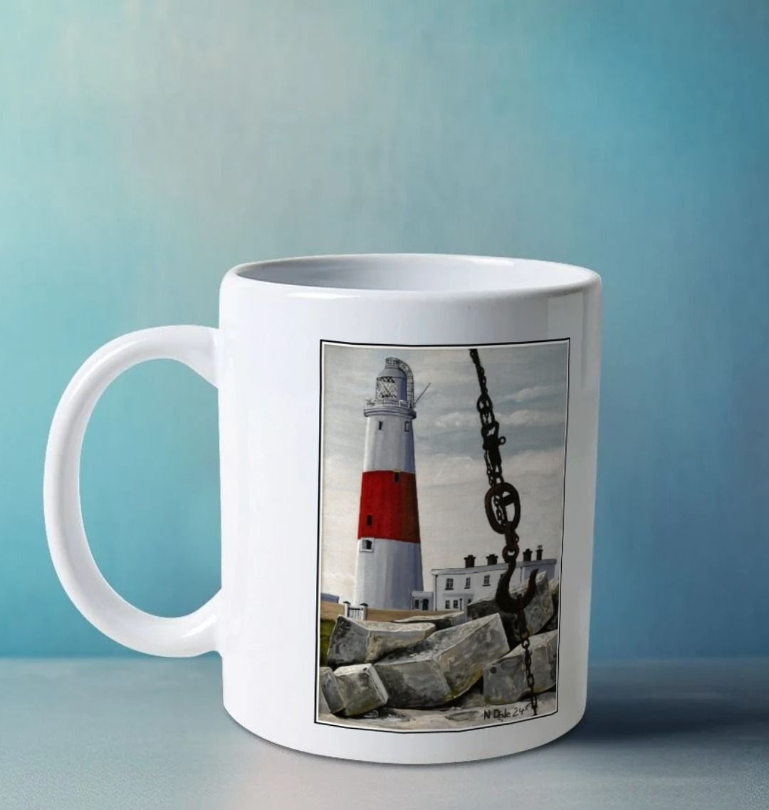 Image of a White Mug on a white table featuring a copy of the painting 'Portland Bill Lighthouse And The Red Crane Hook' by Nick Dale. The handle is orientated to the left. The mug depicts a close up detail of the hook of the Red Crane at Portland Bill, Dorset with the Portland Bill Lighthouse standing beyond it, behind a pile of quarried stone.