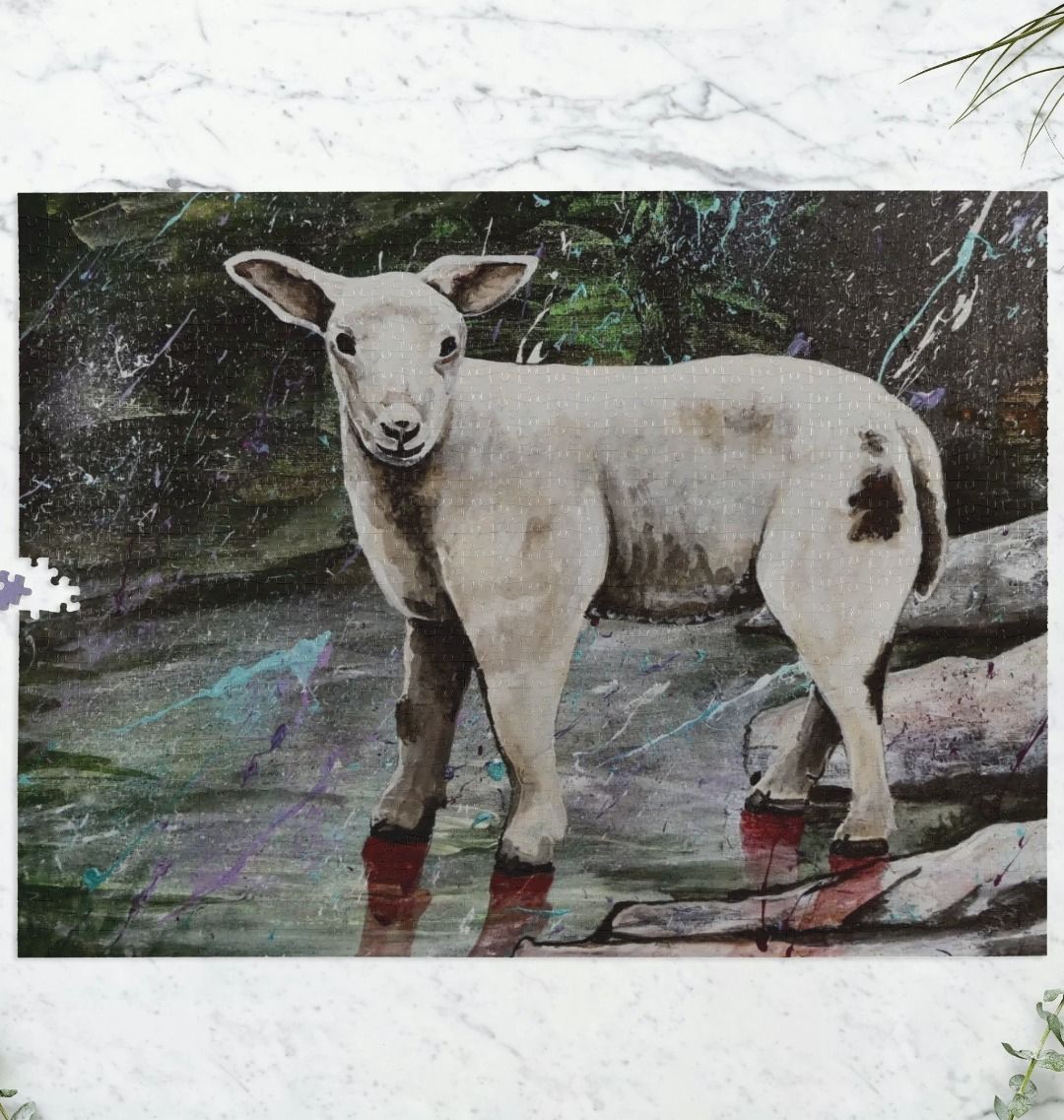 Image of a 1000 Piece Jigsaw Puzzle featuring a copy of the painting 'The Lamb Of Lundy' by Nick Dale. As displayed partially completed on a marble surface. The jigsaw depicts a close-up study of a lamb observed on the island of Lundy, Devon.