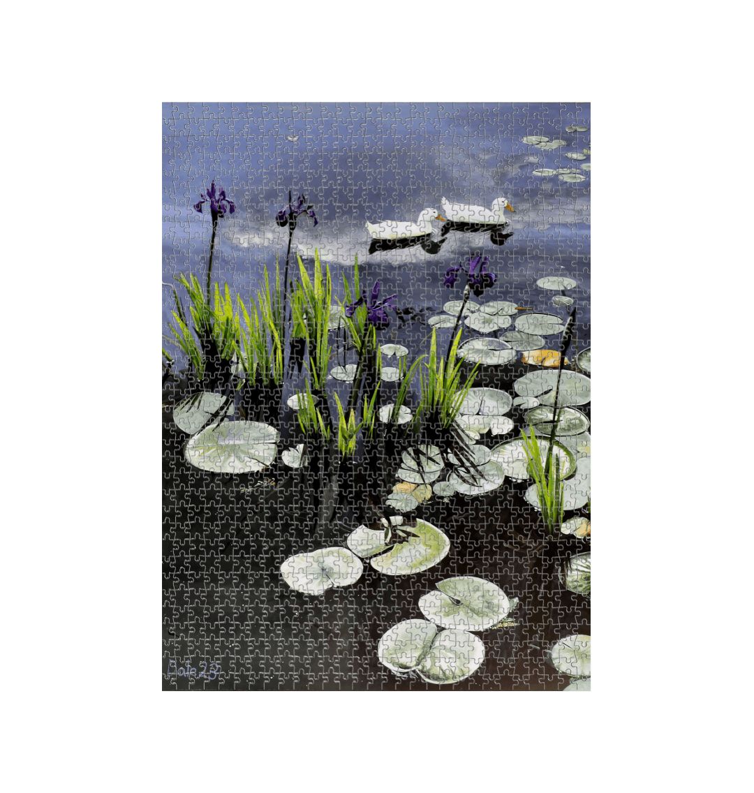 Image of a 1000 Piece Jigsaw Puzzle featuring a copy of the painting 'Dark Waters' by Nick Dale. The jigsaw depicts lily pads, irises and ducks on a pond at Knightshayes Court, Devon.