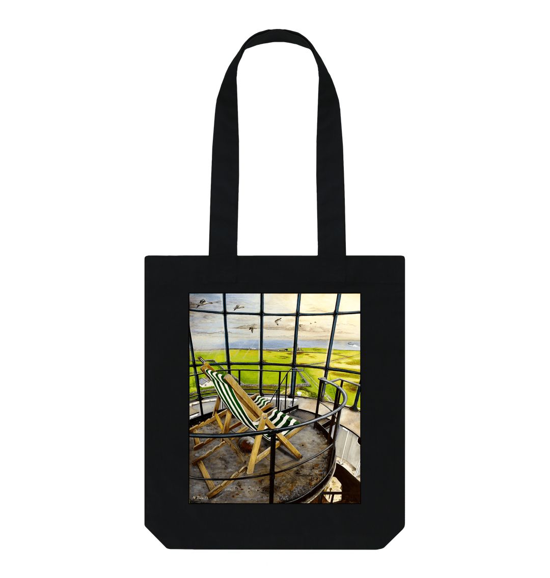 Image of a Black Tote Bag featuring a copy of the painting 'Let's Be Together Alone' by Nick Dale. The bag depicts the view from the lantern room of the Old Light lighthouse on Beacon Hill, on the island of Lundy, Devon.