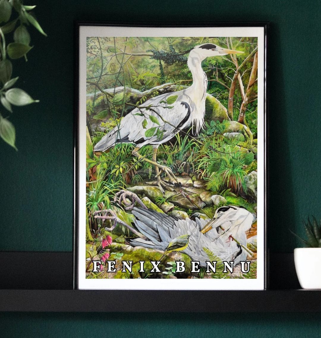 Image of a Large Art Print (A3 size) featuring a copy of the painting 'Fenix Bennu' by Nick Dale with the words 'FENIX BENNU' written across the bottom. As displayed in a frame on a shelf. The print depicts 2 grey herons (1 living & 1 dead) & is named after the Egyptian god Bennu; which may be the origins of the phoenix legend. 'Fenix' is Anglo-Saxon for phoenix. The blood of the dead heron is smoking where it drips on the ground; suggesting that this is indeed a phoenix.