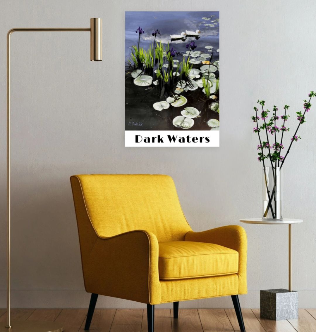 Image of a Large Art Print (A3 size) featuring a copy of the painting 'Dark Waters' by Nick Dale, with the words 'Dark Waters' written beneath it. As displayed on a wall next to a chair. The print depicts lily pads, irises and ducks on a pond at Knightshayes Court, Devon.