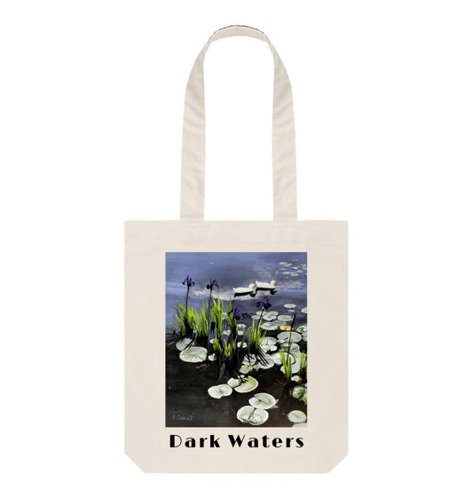 Image of a Natural Tote Bag featuring a copy of the painting 'Dark Waters' by Nick Dale, with the words 'Dark Waters' written beneath it. The bag depicts lily pads, irises and ducks on a pond at Knightshayes Court, Devon.