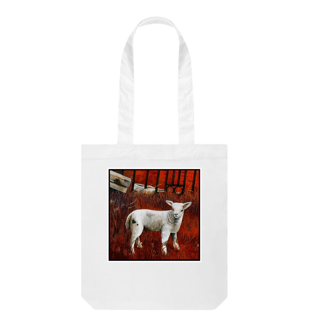 Image of a White Tote Bag featuring a modified copy of a detail from the painting 'The Gate' by Nick Dale. The bag depicts a lamb in front of an ornamental garden gate reused by a farmer somewhere in North Devon, probably to the south of Valley of Rocks, Lynton. The lamb was observed on Lundy Island, Devon.