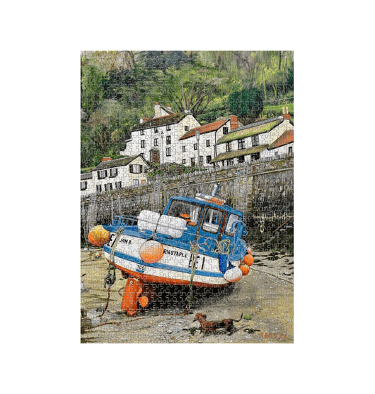 Image of a 1000 Piece Jigsaw Puzzle featuring a copy of the painting 'Lynmouth At Lowest Tide' by Nick Dale. The jigsaw depicts an unusual perspective on the picturesque harbour of Lynmouth (Devon), as seen from the floor of the harbour at low tide. Behind the fishing boat can be seen the characterful harbourside buildings.