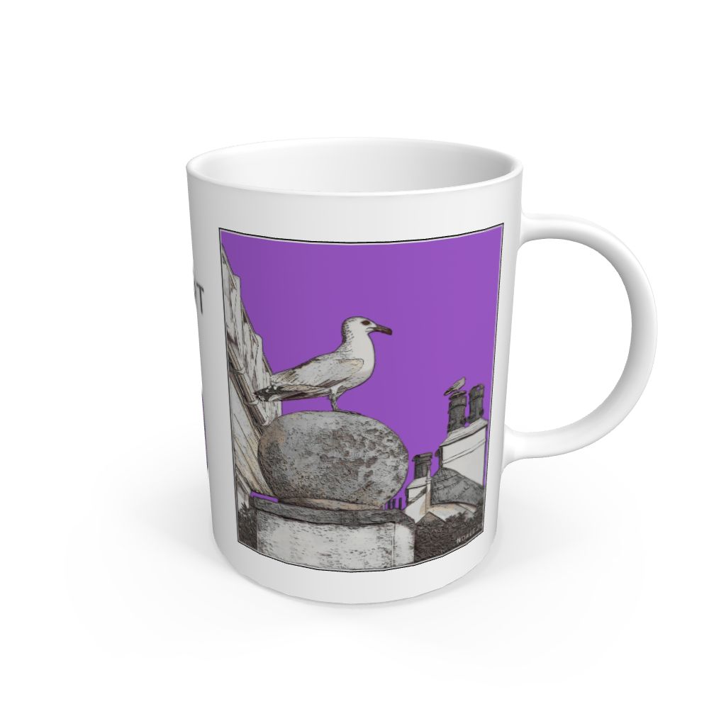 Image of a White Mug featuring a modified copy of the painting 'A View Of The Sea At Lyme Regis' by Nick Dale - this being the 'Purple' version. The mug depicts a gull and buildings along Marine Parade, Lyme Regis.