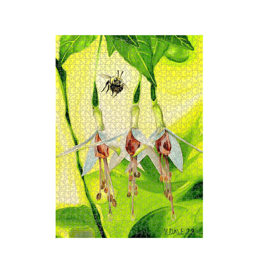 Image of a 1000 Piece Jigsaw Puzzle featuring a copy of the painting 'The Three Muses' by Nick Dale. The jigsaw depicts a close-up view of a bee approaching its prize. But which will it choose?