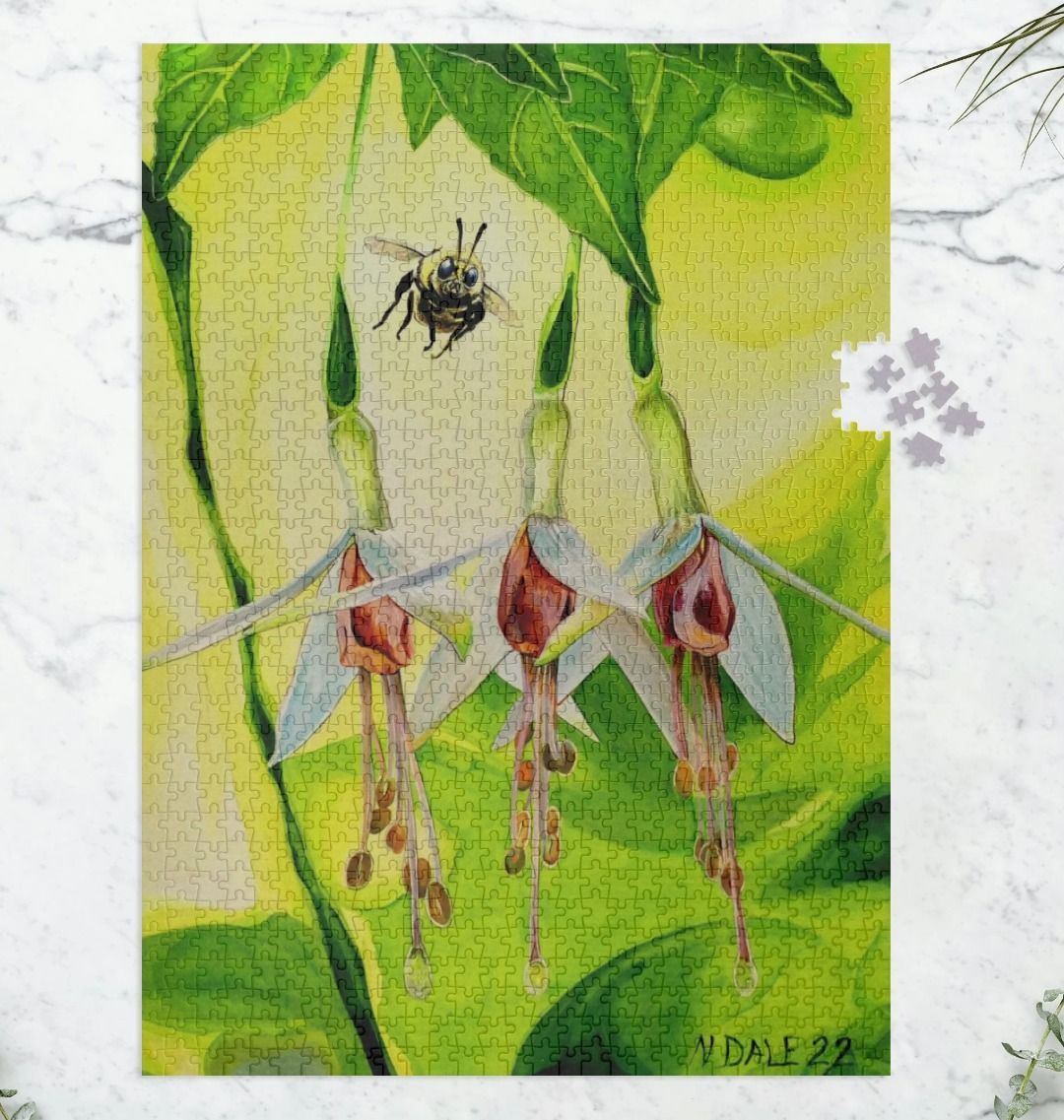 Image of a 1000 Piece Jigsaw Puzzle featuring a copy of the painting 'The Three Muses' by Nick Dale. As displayed partially completed on a marble surface. The jigsaw depicts a close-up view of a bee approaching its prize. But which will it choose?