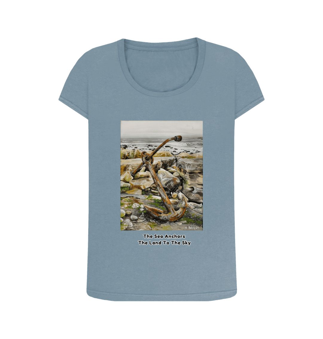 Image of a Stone Blue Women's Scoop Neck T-shirt featuring a copy of the painting 'The Sea Anchors The Land To The Sky' by Nick Dale, with the words 'The Sea Anchors The Land To The Sky' written beneath it. The T-shirt depicts an old anchor lying at rest under a leaden sky upon the foreshore at Chapman's Pool, near Worth Matravers, Dorset.