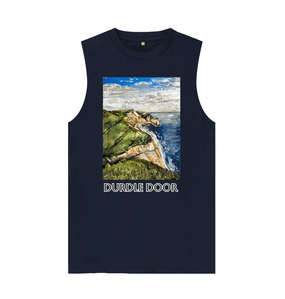 Image of a Navy Blue Men's Organic Cotton Vest featuring a copy of the painting 'Durdle Door From The West' by Nick Dale with the words 'Durdle Door' written below it. The vest depicts a view along the Jurassic Coast to the famous Dorset limestone arch landmark, as seen from the coastal path to the west.