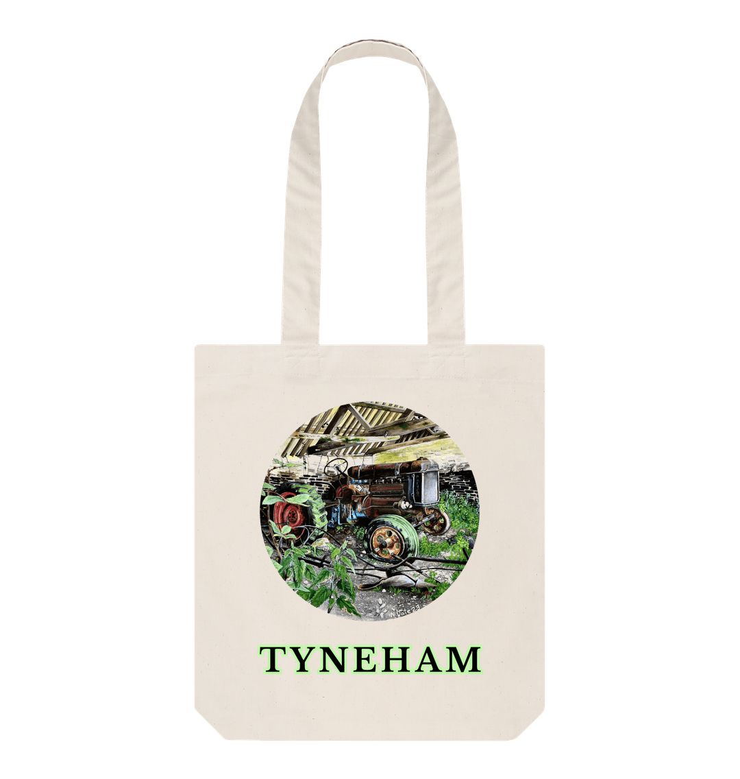 Image of a Natural Tote Bag featuring a copy of the painting 'A Well Deserved Rest At Tyneham' by Nick Dale. The bag depicts a Fordson Major tractor laid up in a farm building at the abandoned village of Tyneham in Dorset.