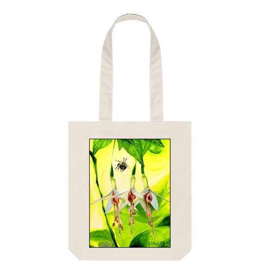 Image of a Natural Tote Bag featuring a copy of the painting 'The Three Muses' by Nick Dale. The bag depicts a close-up view of a bee approaching its prize. But which will it choose?