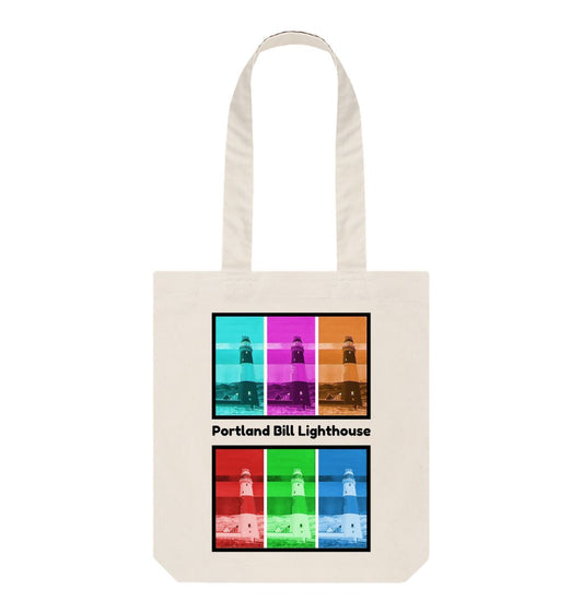 Image of a Natural Tote Bag featuring 6 digitally modified versions of the painting 'Rothko's Work Experience At Portland Bill Lighthouse' by Nick Dale, with the words 'Portland Bill Lighthouse' written between the lighthouse images that have been divided into 2 groups of 3 versions each. The bag depicts what might happen if the abstract painter Mark Rothko worked at Portland Bill Lighthouse in Portland, Dorset.