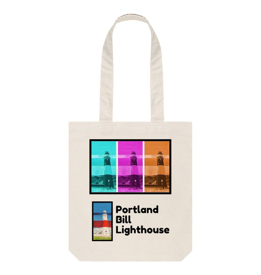 Image of a Natural Tote Bag featuring a copy of the painting 'Rothko's Work Experience At Portland Bill' by Nick Dale, as well as 3 digitally modified versions of the same painting. The words 'Portland Bill Lighthouse' are written in the bottom right corner. The scene imagines what might happen if the abstract painter Mark Rothko worked at Portland Bill Lighthouse in Portland, Dorset.