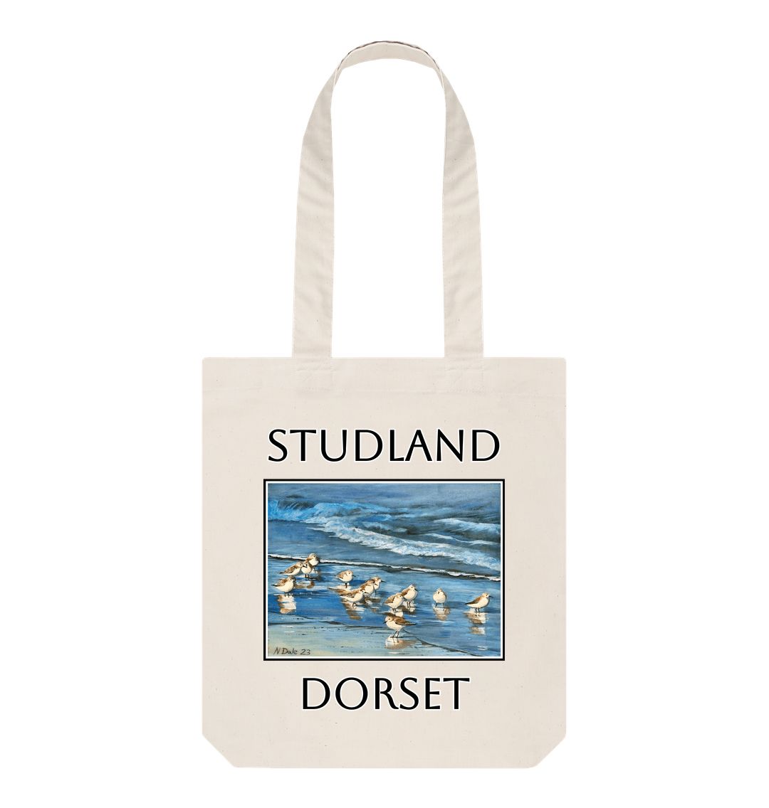 Image of Natural Tote Bag featuring a copy of the painting 'Studland Misty Morning' by Nick Dale. The bag depicts Dunlins on Studland Beach (Dorset) on a crisp and misty morning.