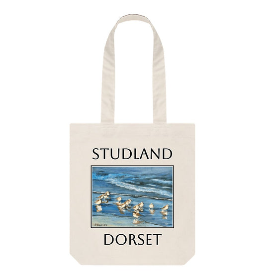 Image of Natural Tote Bag featuring a copy of the painting 'Studland Misty Morning' by Nick Dale. The bag depicts Dunlins on Studland Beach (Dorset) on a crisp and misty morning.