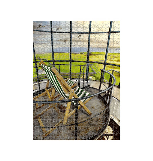 Image of a 1000 Piece Jigsaw Puzzle featuring a copy of the painting 'Let's Be Together Alone' by Nick Dale. The jigsaw depicts the view from the lantern room of the Old Light lighthouse on Beacon Hill, on the island of Lundy, Devon.